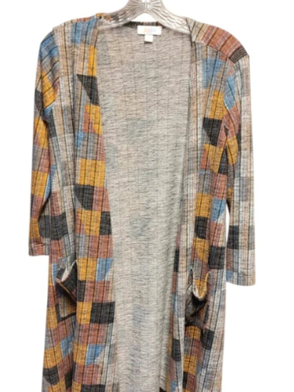 LuLaRoe Sarah Long Duster Cardigan Sweater Open Pockets Geometric Patchwork